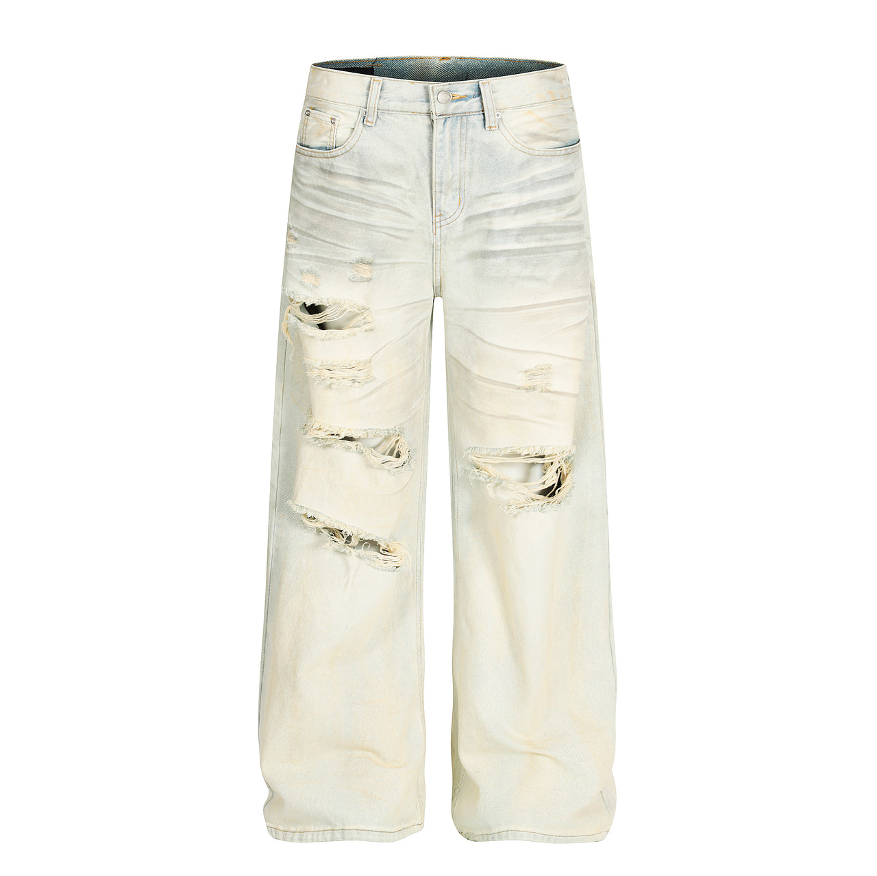 Omirad Cream-Distressed Wide-Leg Jeans