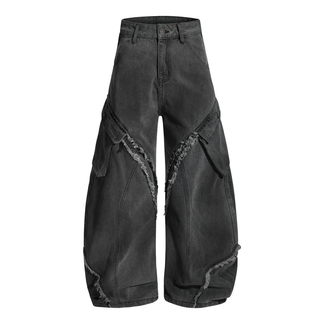 Omirad Washed Frayed Curved Cargo Jeans