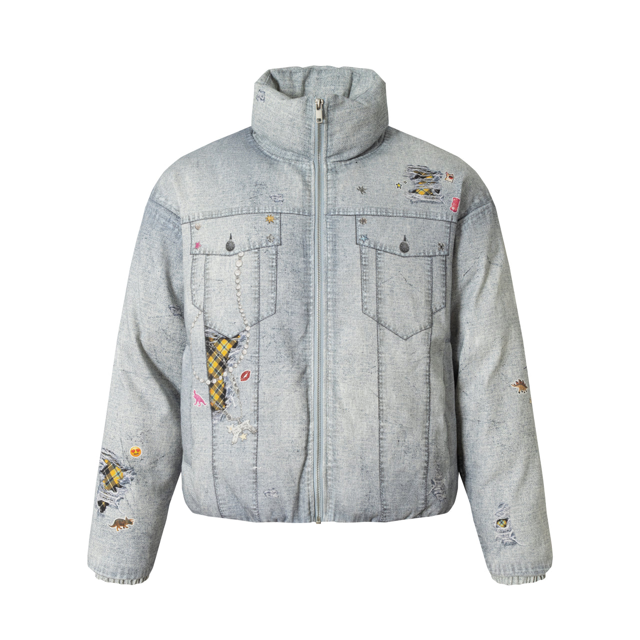 Omirad Patchwork Distressed Denim Puffer Jacket