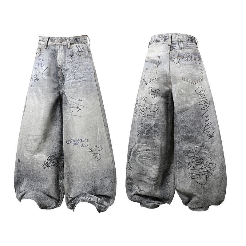 Omirad Graffiti Washed Curved Denim Pants
