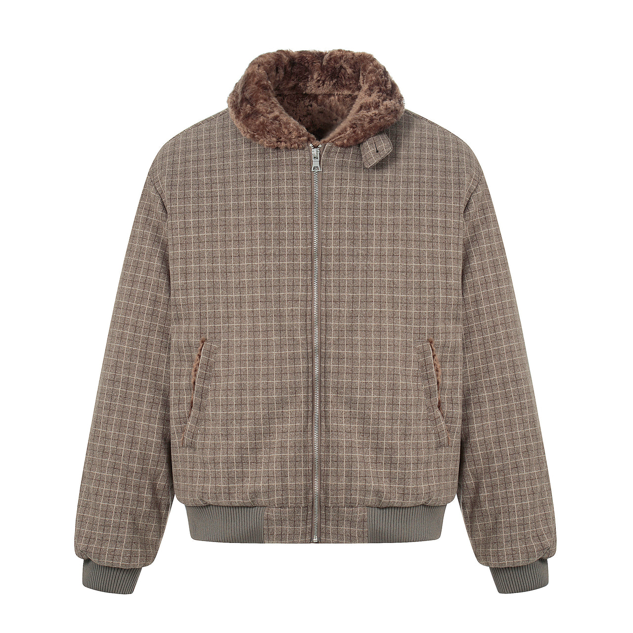 Omirad Check Pattern Faux Fur Collar Jacket