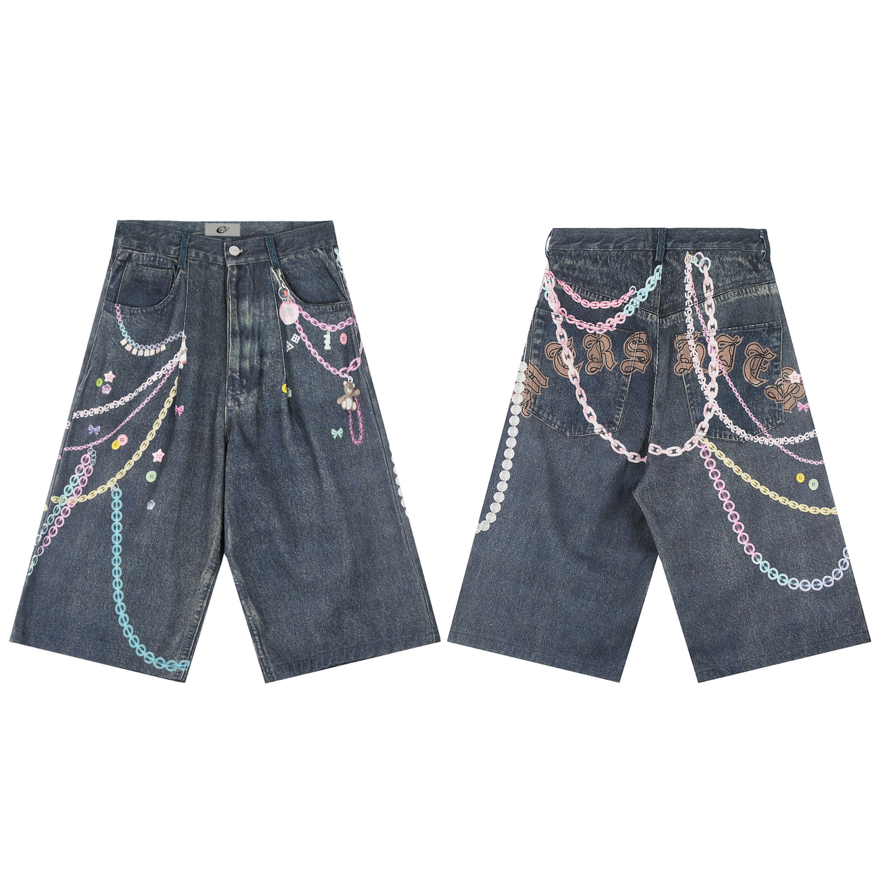 Omirad Chain Graffiti Denim Shorts