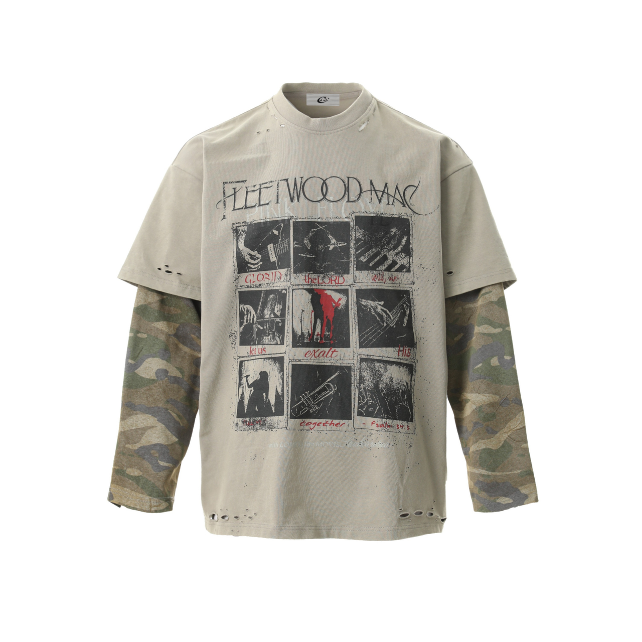 Omirad Layered Camo-Sleeve Distressed Tee