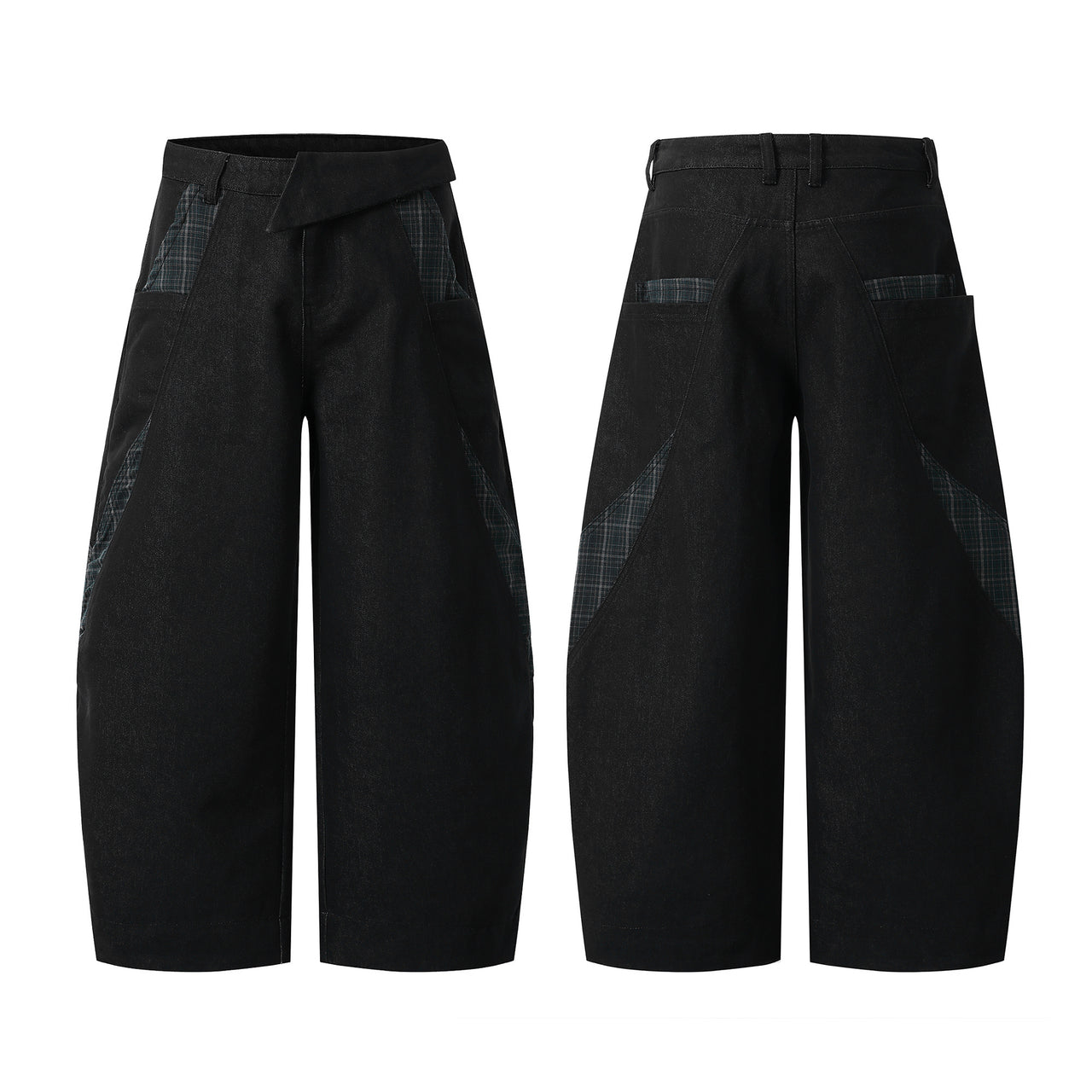 High-Street Irregular Patchwork Plaid Curved-Cut Jeans