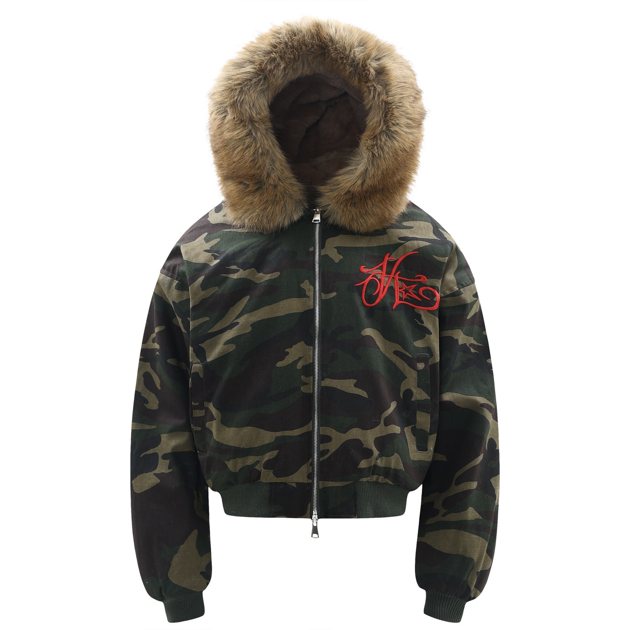 Faux-Fur-Trim Camo Jacket