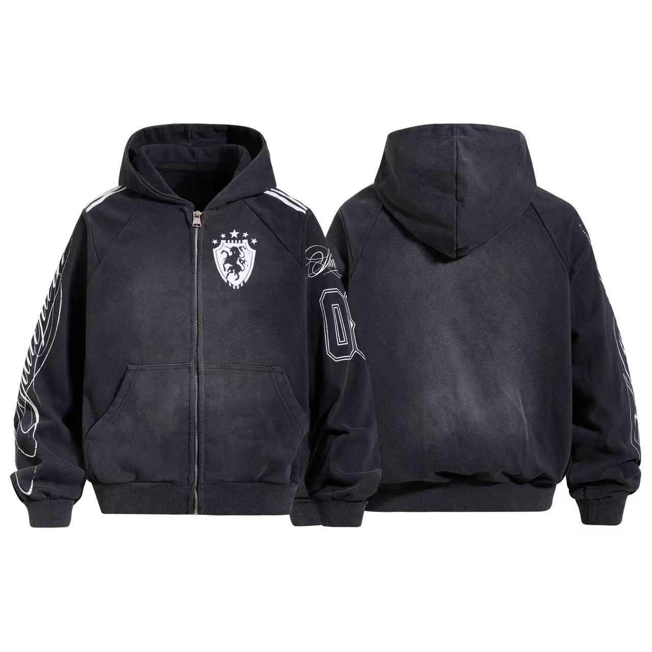 Omirad Washed Crest Graphic Zip-Up Hoodie