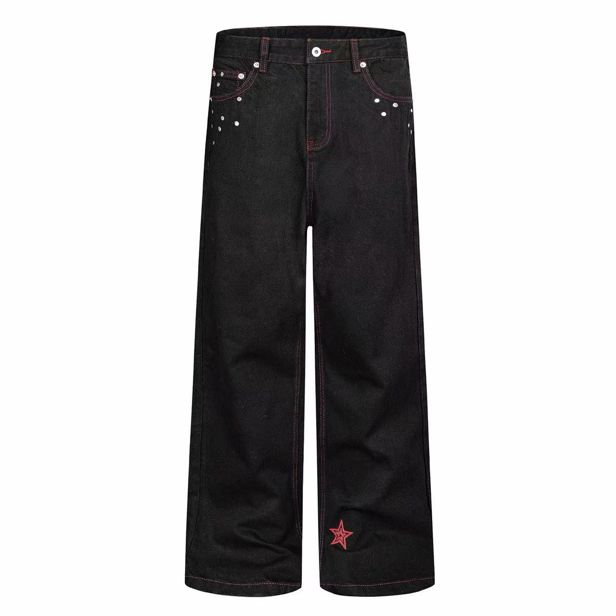 Omirad Red Stitch Studded Wide-Leg Jeans