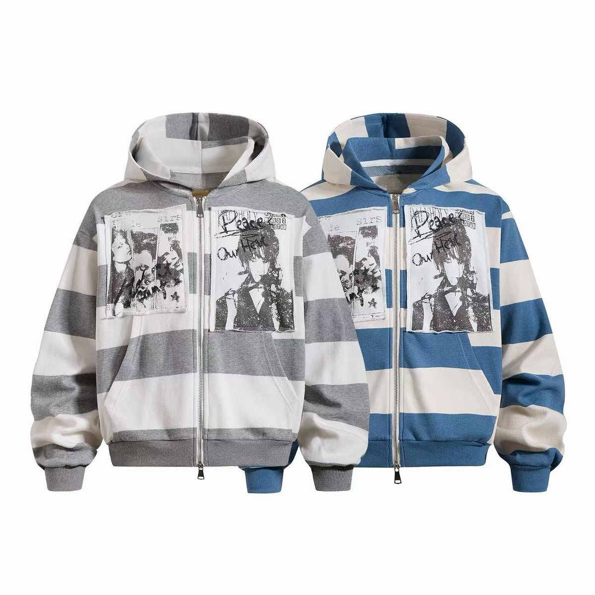 Omirad Striped Patchwork Graphic Zip-Up Hoodie