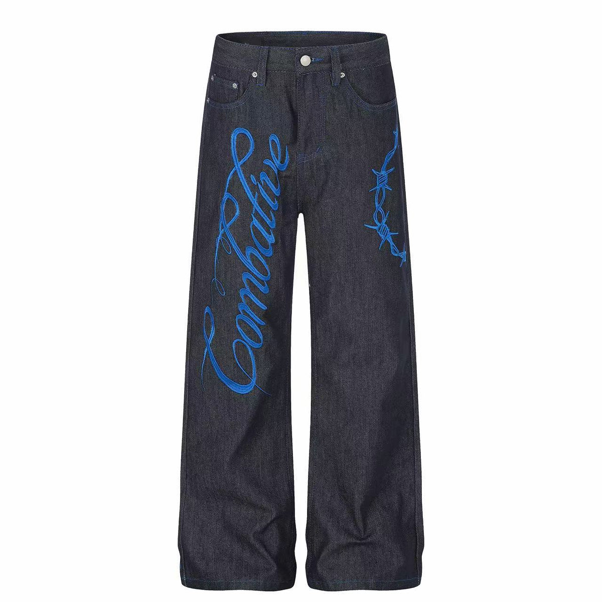 Omirad Blue Script Embroidered Wide-Leg Jeans