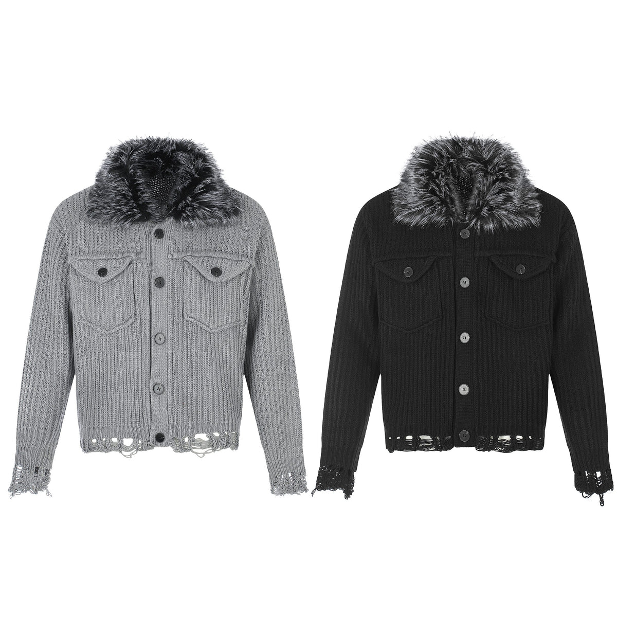 Omirad Faux Fur Collar Distressed Knit Cardigan