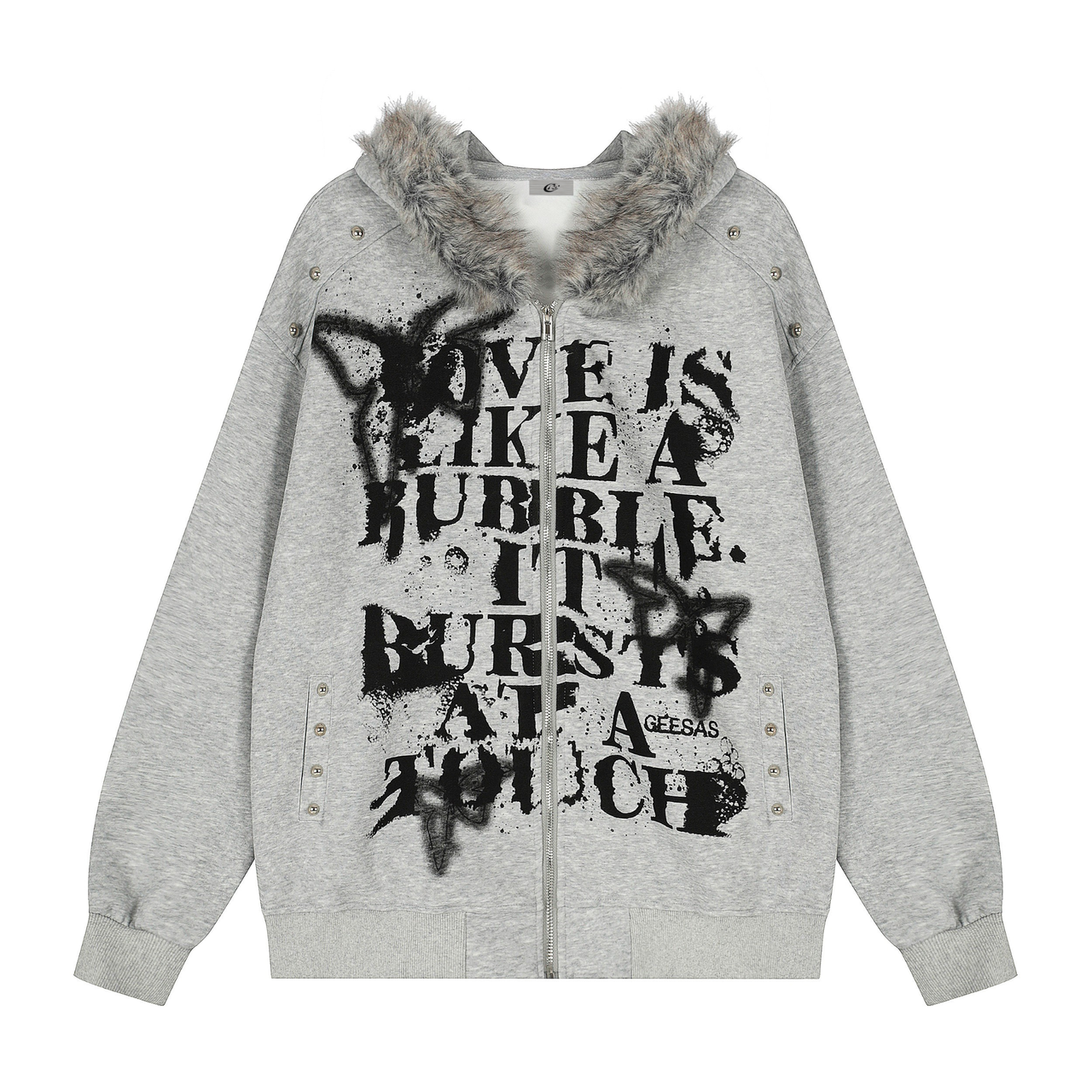 Omirad Faux-Fur Collar Graffiti Zip Hoodie