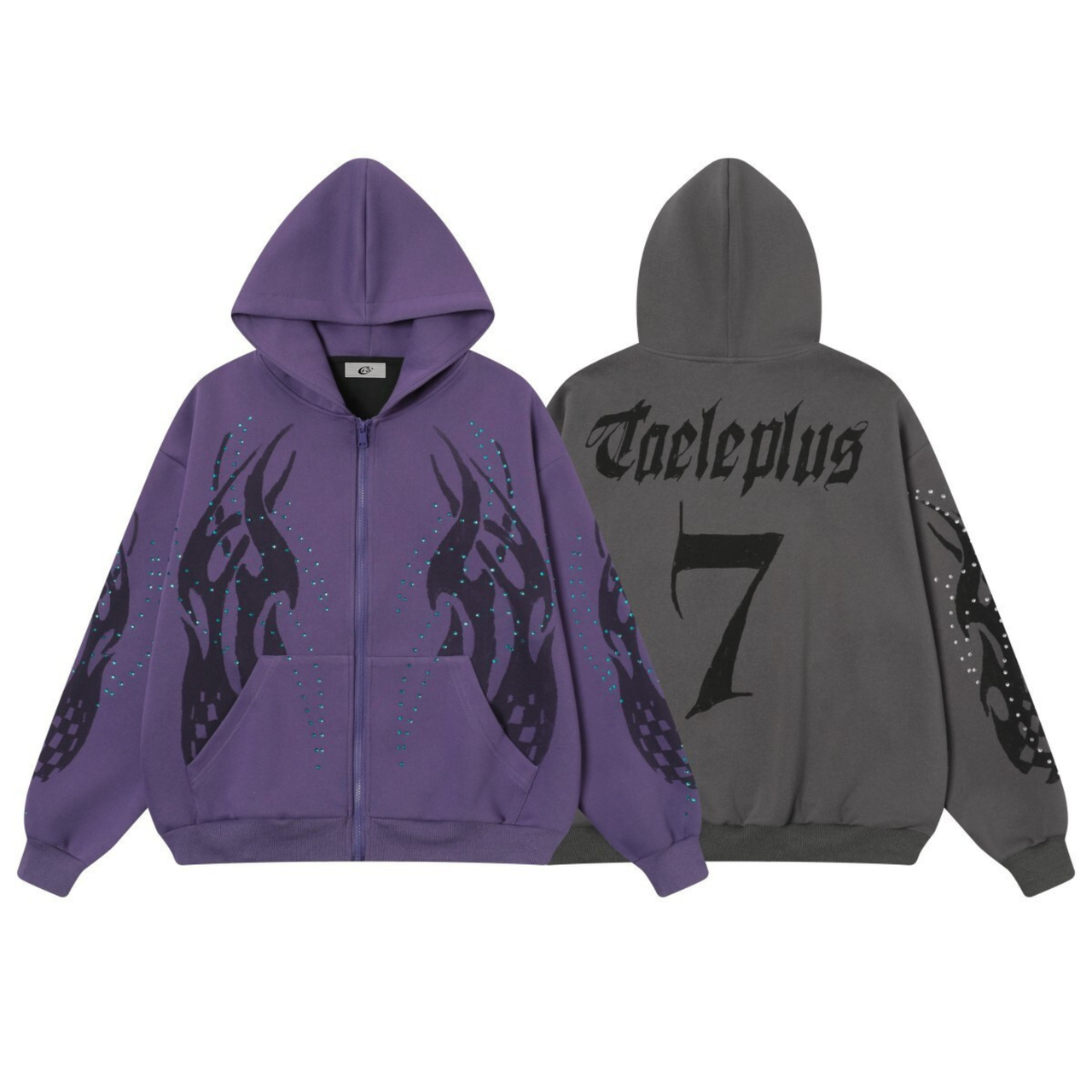 Omirad Flame Print Rhinestone Zip-Up Hoodie