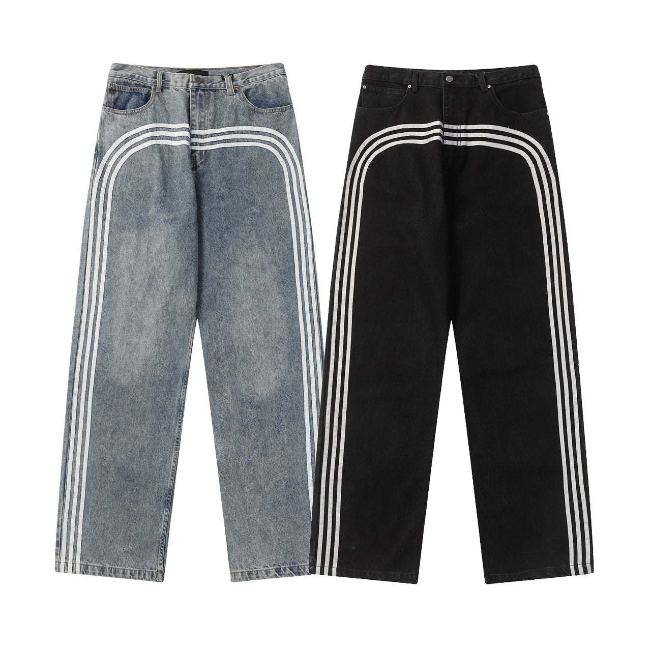 American Streetwear Loose-Fit with Three Stripes Wash Jeans