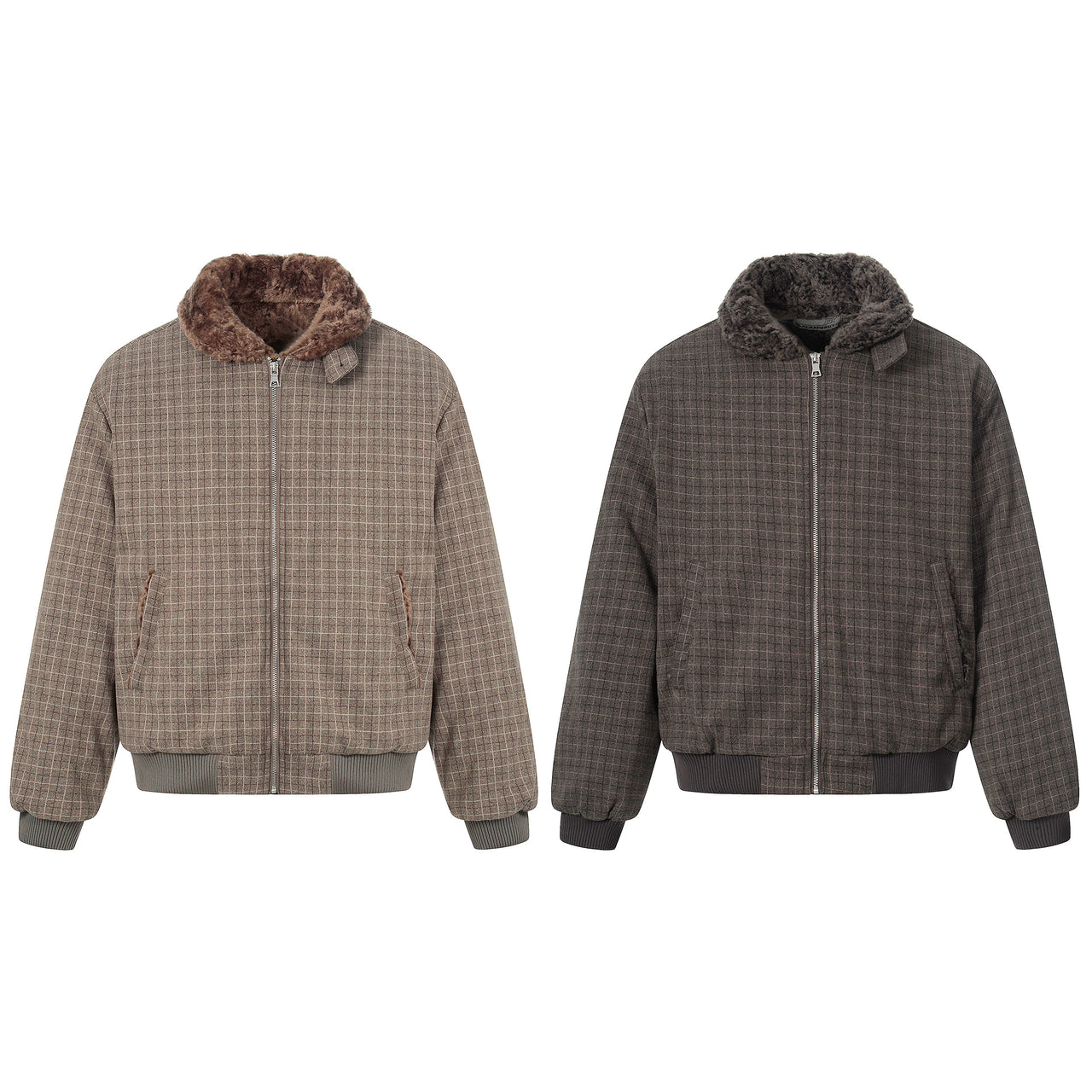 Omirad Check Pattern Faux Fur Collar Jacket