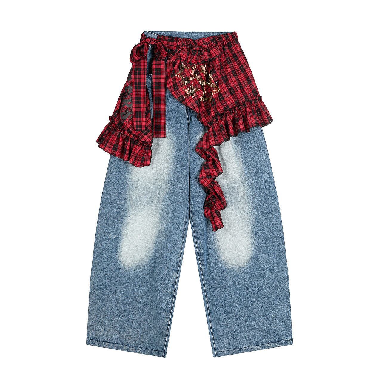 Omirad Plaid Ruffle Overlay Denim Pants
