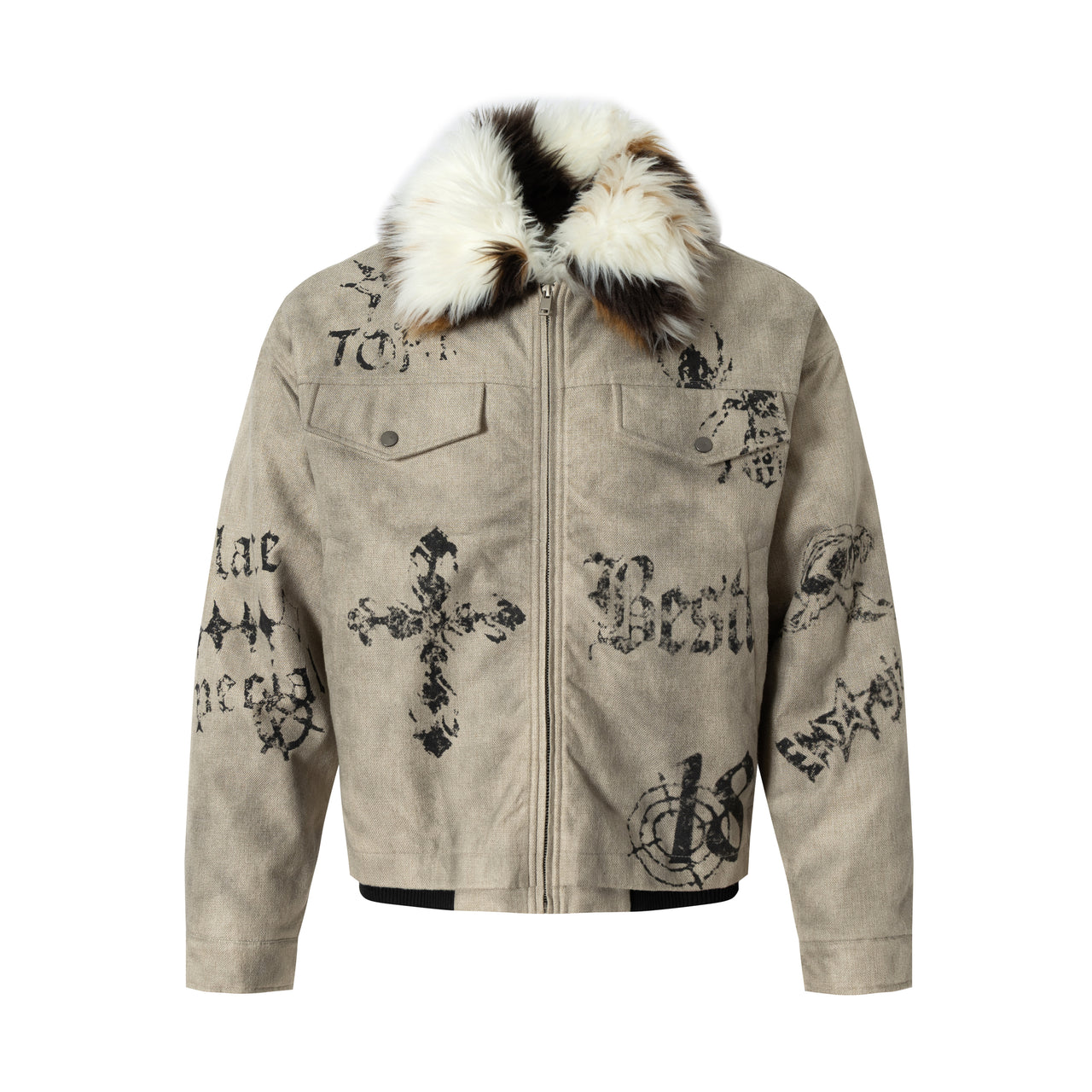 Omirad Gothic Print Faux-Fur Collar Jacket