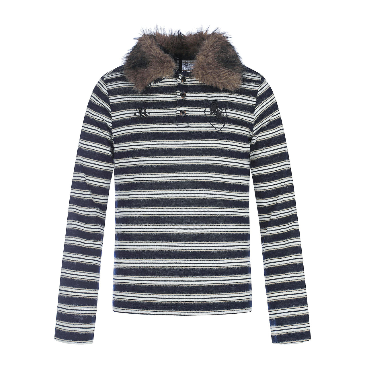 Omirad Vintage Striped Fur Collar Long Sleeve Polo