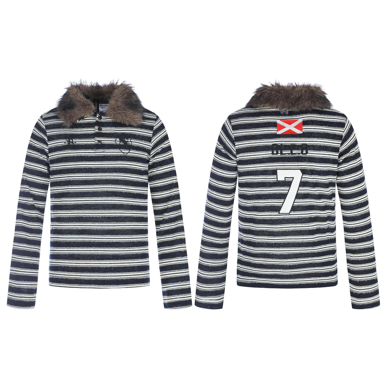 Omirad Vintage Striped Fur Collar Long Sleeve Polo