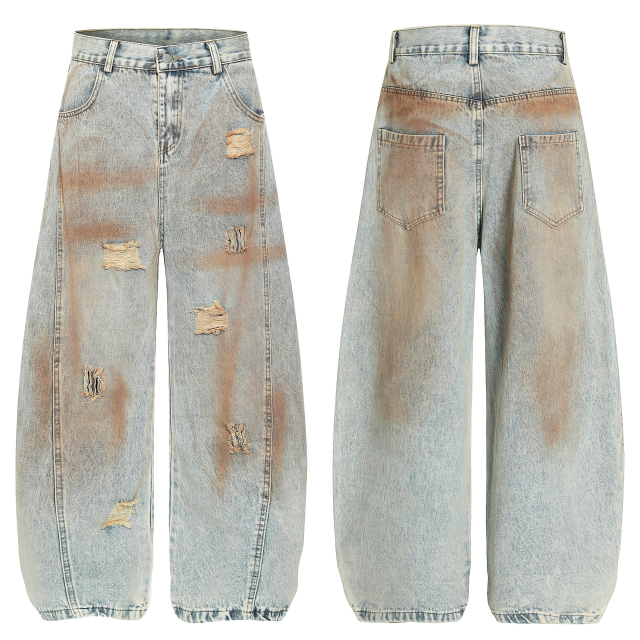 Omirad Rust Wash Distressed Barrel Jeans