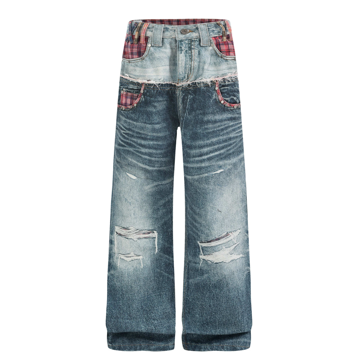 Omirad Plaid Layered Distressed Wide-Leg Jeans