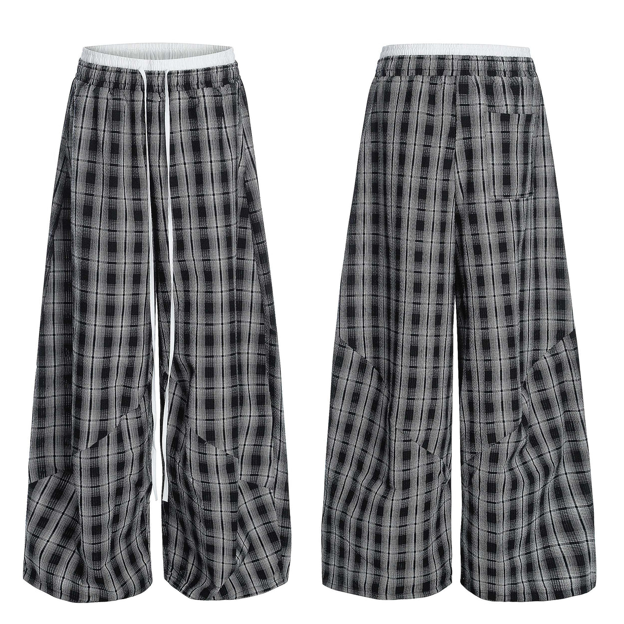 Black and White Plaid Wide-Leg Casual Pants