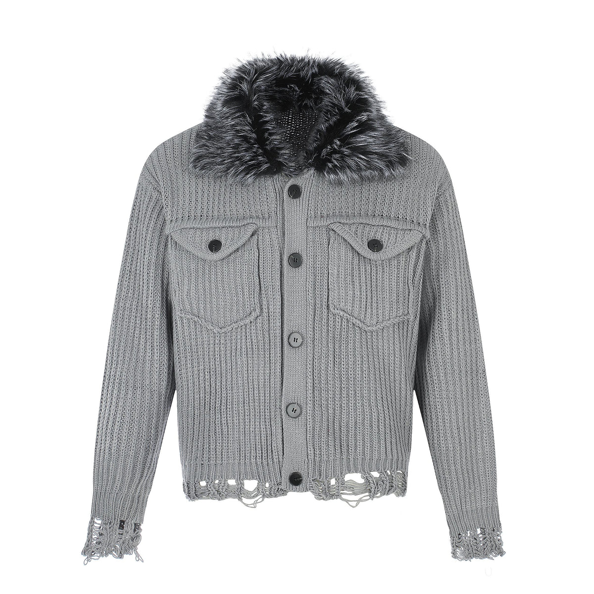 Omirad Faux Fur Collar Distressed Knit Cardigan