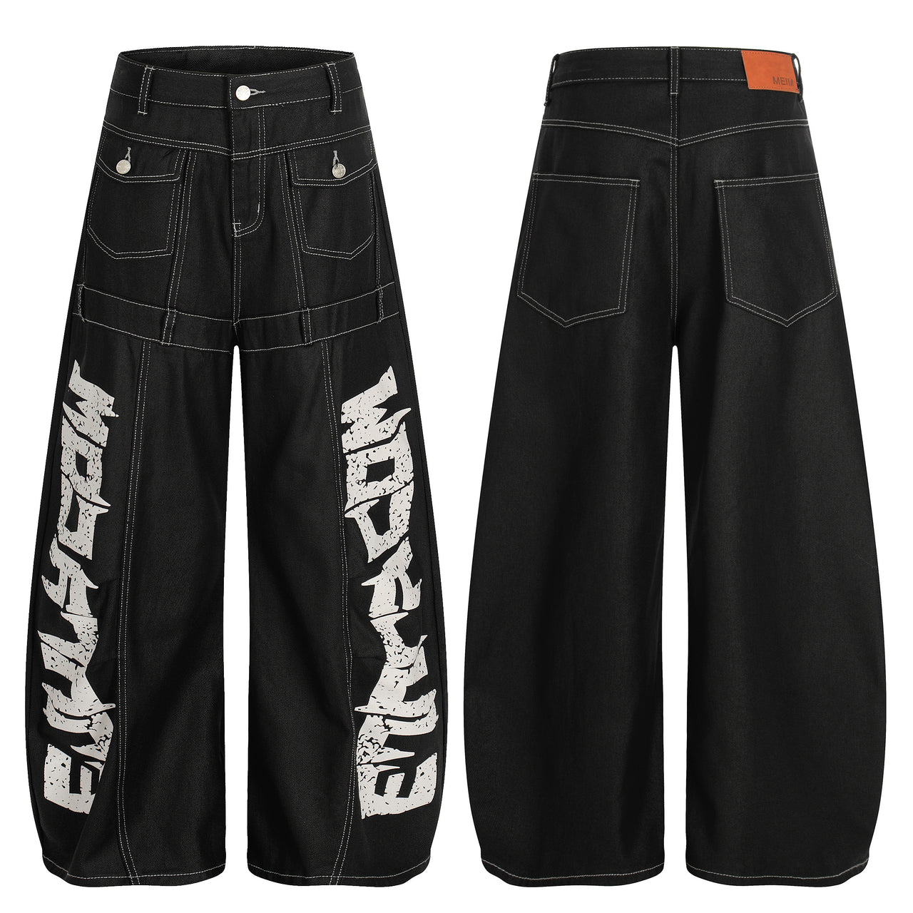 Omirad Printed Contrast Stitch Wide Denim Pants