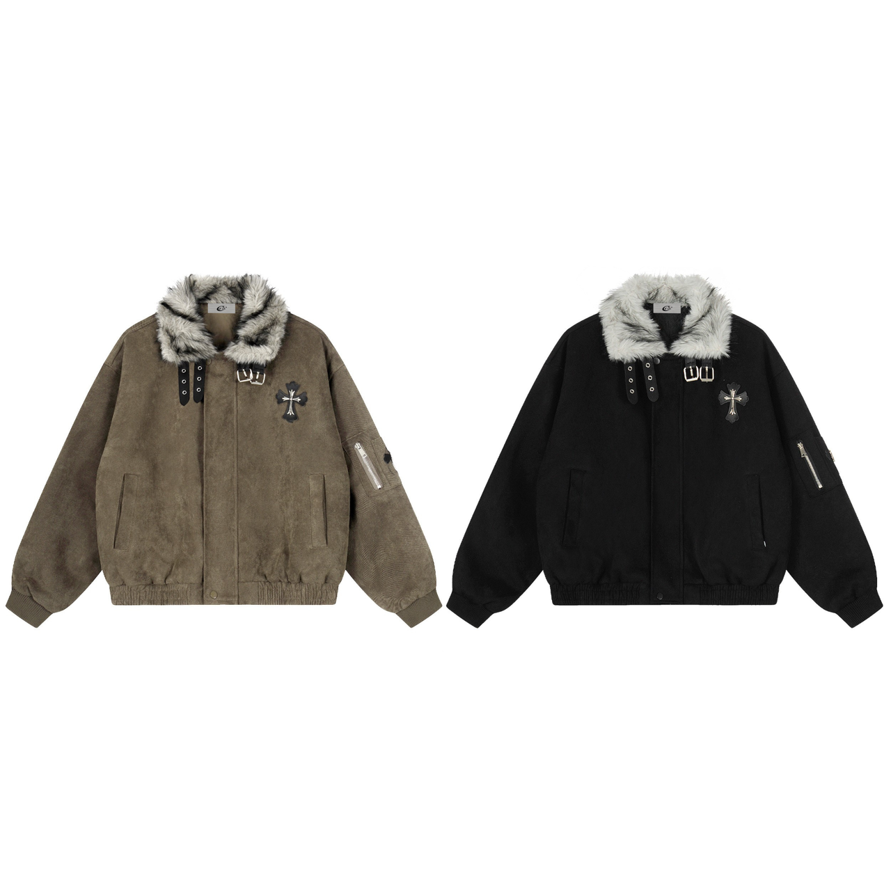 Omirad Faux Fur Collar Suede-Texture Buckle Bomber Jacket