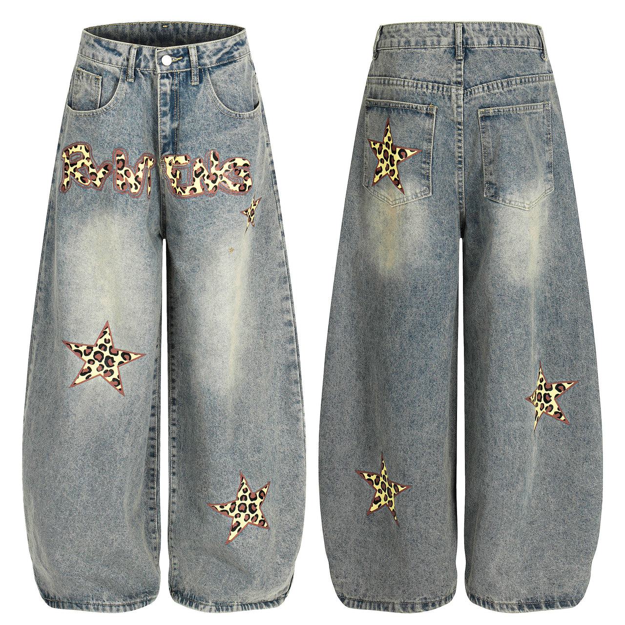 Vintage Leopard Print Curved-Cut Jeans