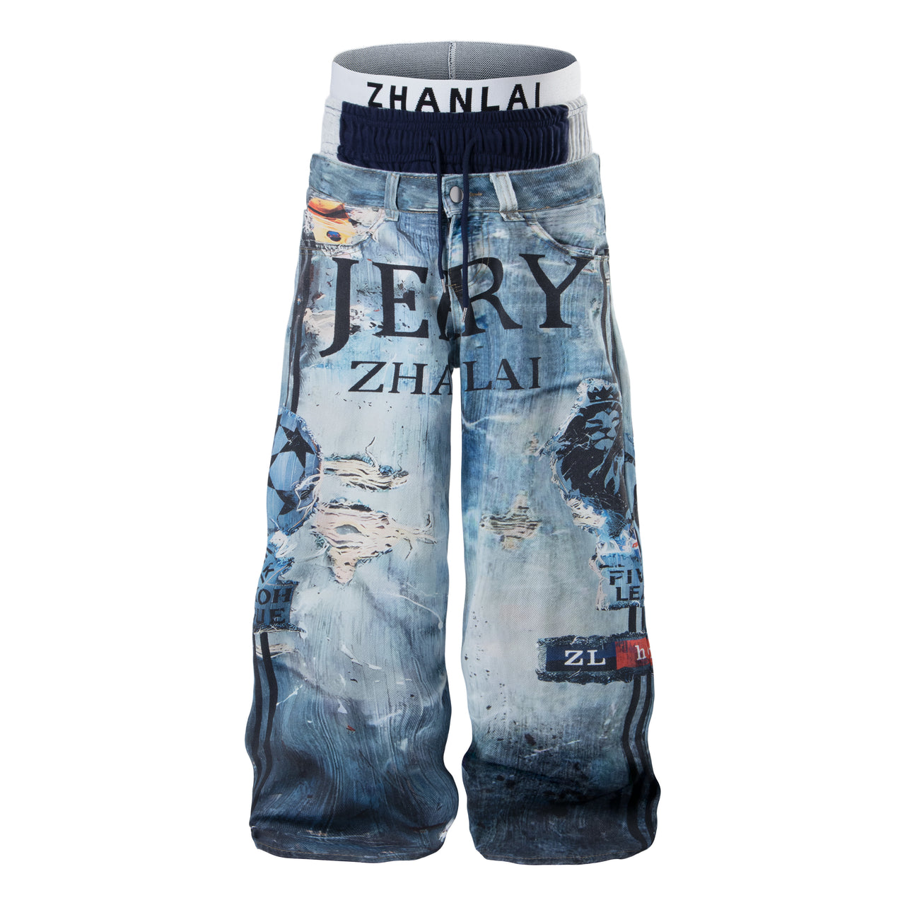 Omirad Layered Waist Graphic Denim Pants