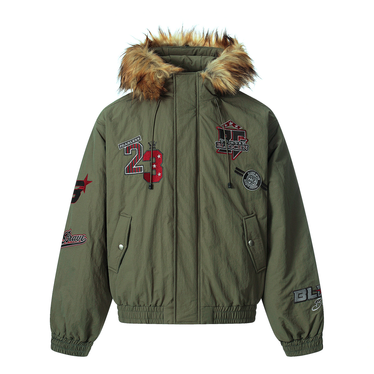 Omirad Varsity Patch Fur Hooded Puffer Jacket