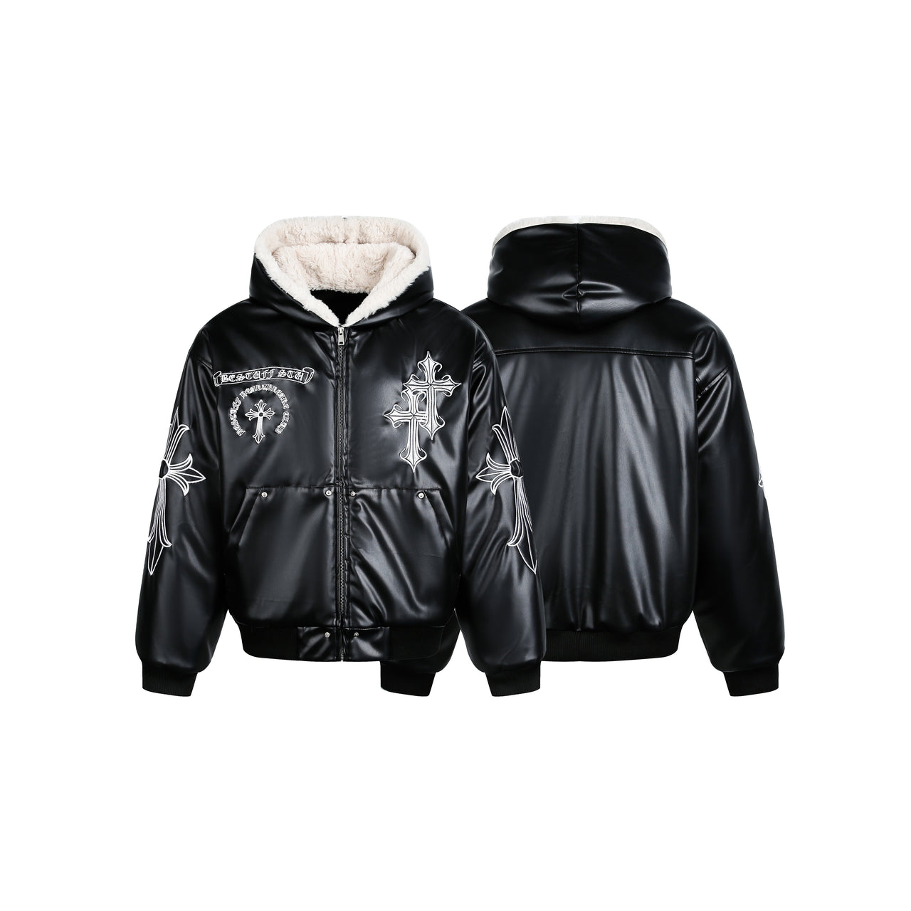 Omirad Faux Leather Cross Embroidered Jacket