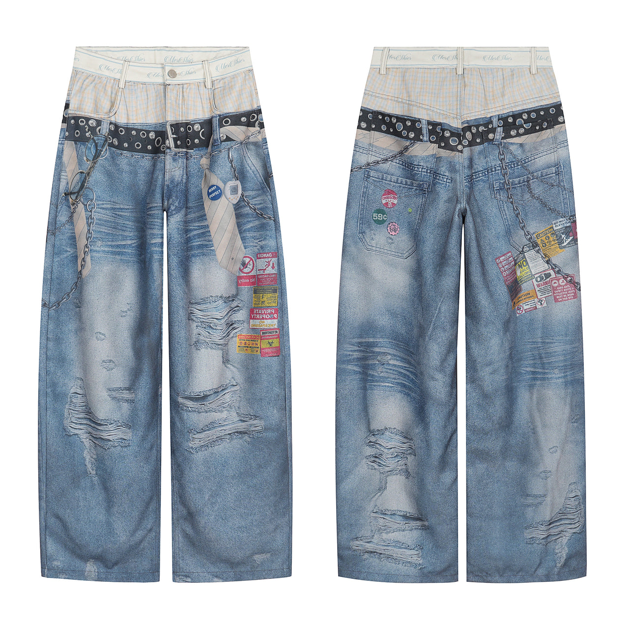 Streetwear Double-Waist Distressed Printed Jeans
