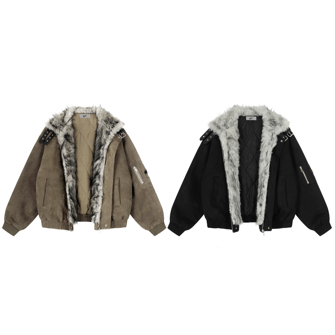 Omirad Faux Fur Collar Suede-Texture Buckle Bomber Jacket