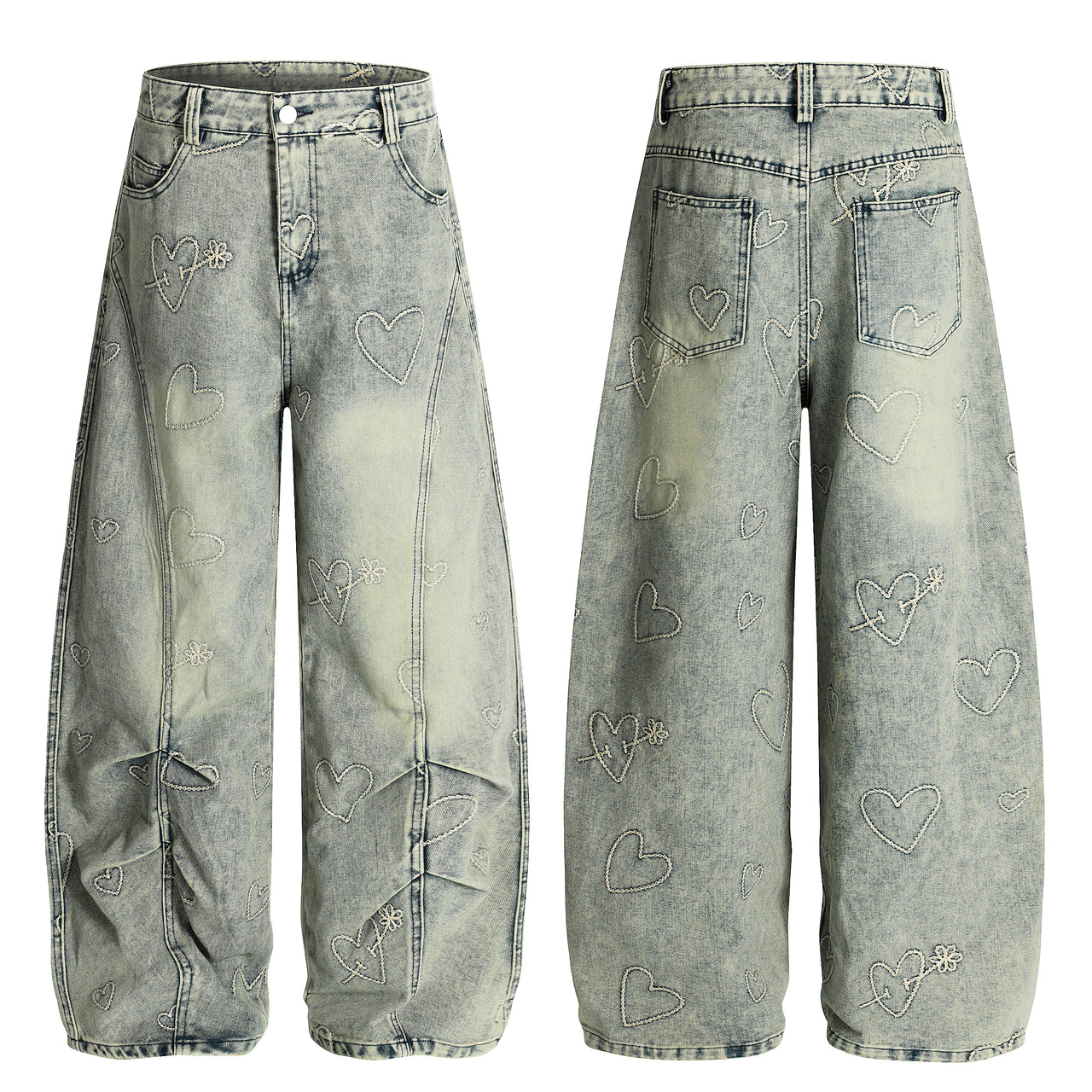 Streetwear Heart Embroidery Curved Blade Jeans