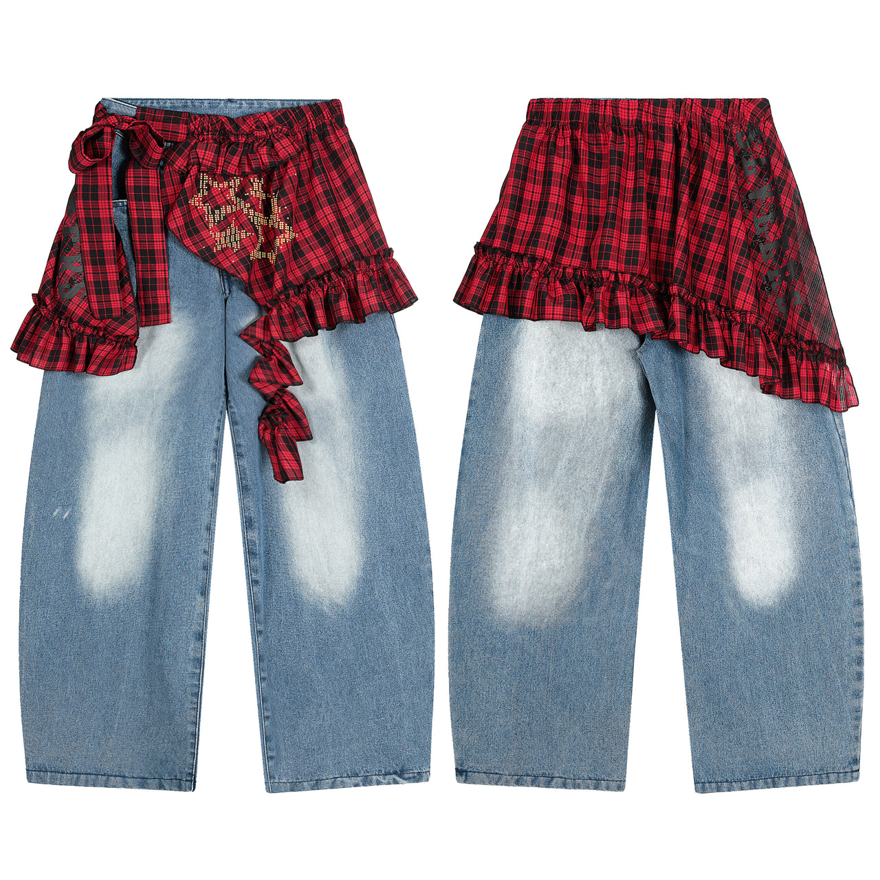 Omirad Plaid Ruffle Overlay Denim Pants