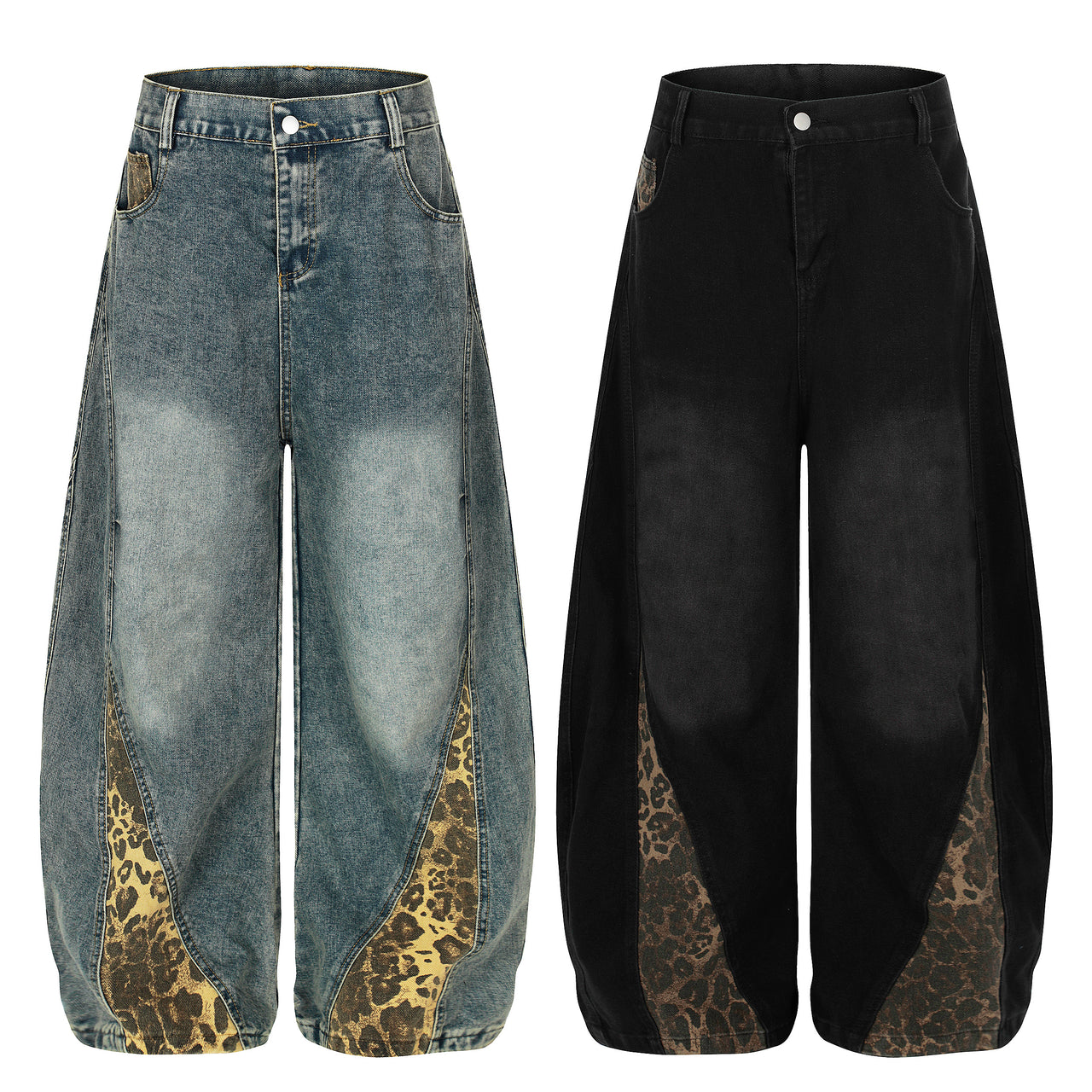 Omirad Leopard-Panel Wide-Leg Denim Pants