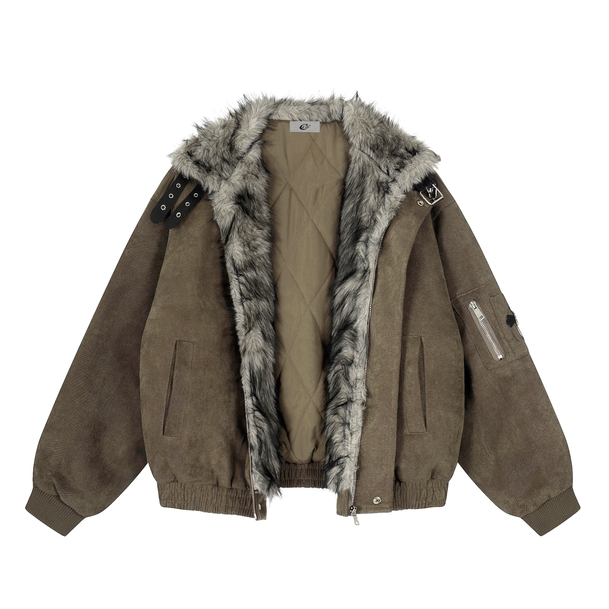 Omirad Faux Fur Collar Suede-Texture Buckle Bomber Jacket - omirad