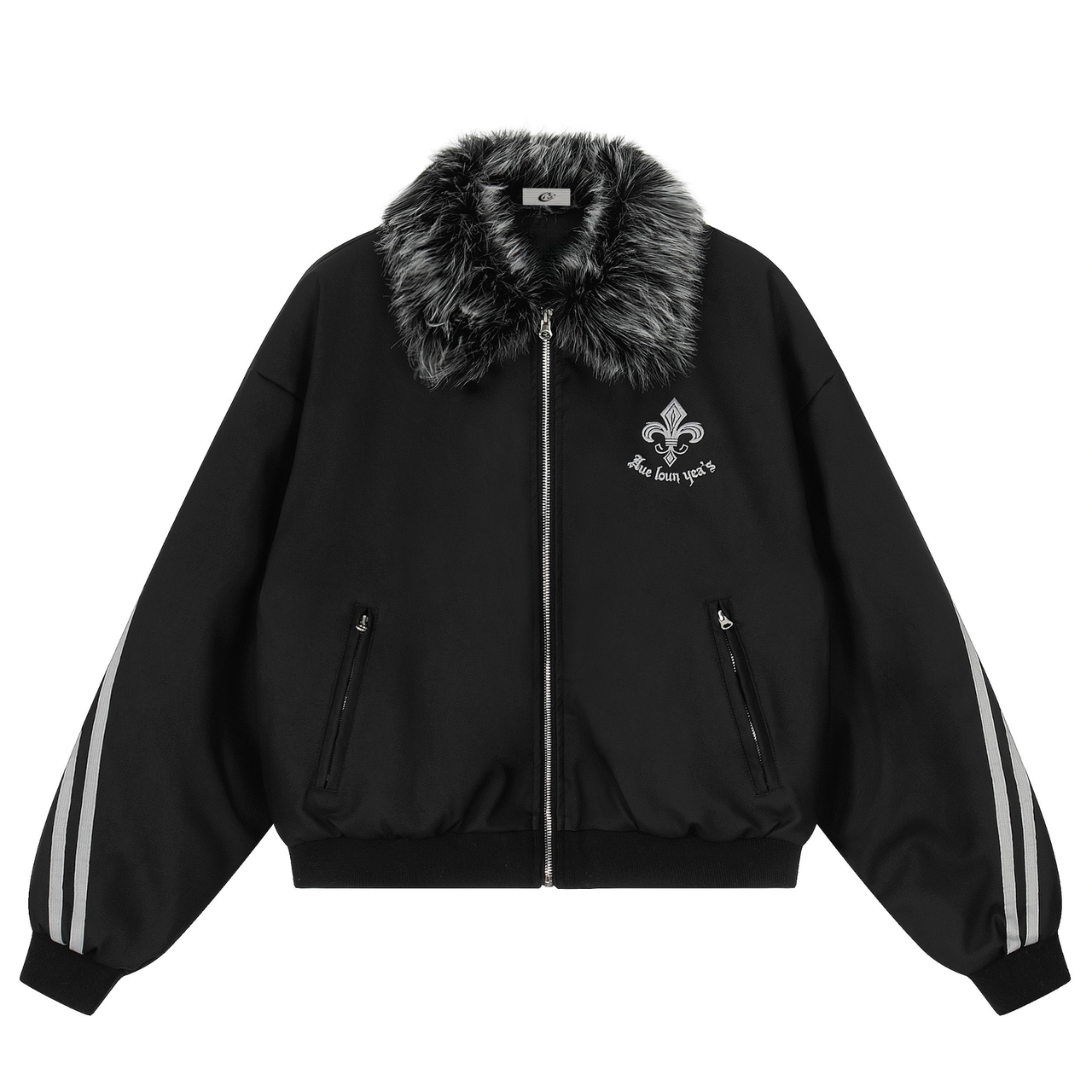 Omirad Faux Fur Collar PU Embroidered Bomber Jacket