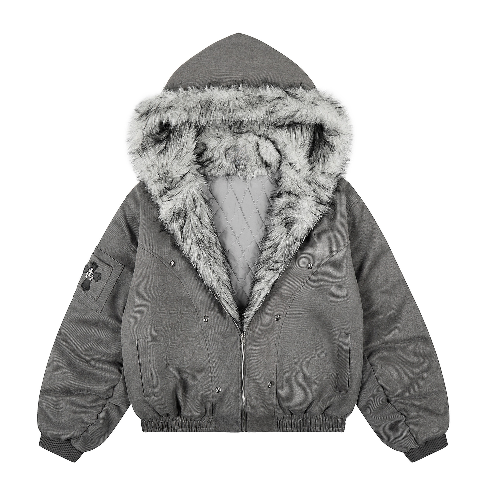 fur collar grey faux fur biker jacket