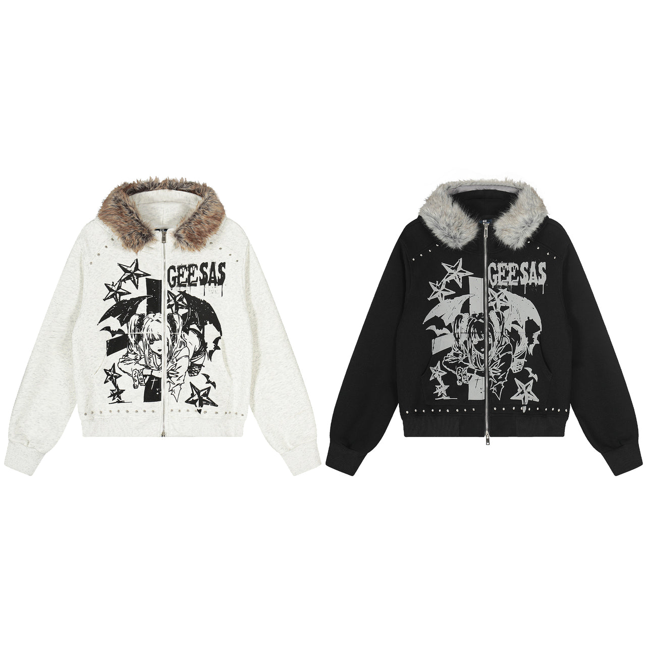 Omirad Faux-Fur Collar Graphic Zip Hoodie
