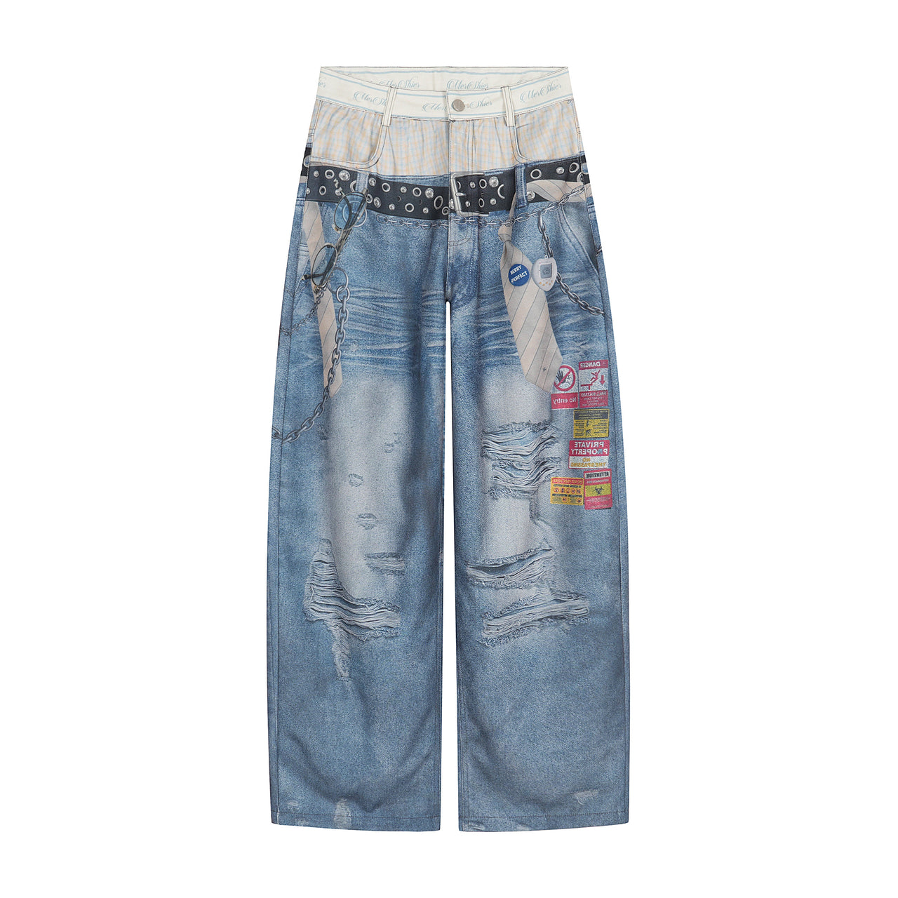 Streetwear Double-Waist Distressed Printed Jeans