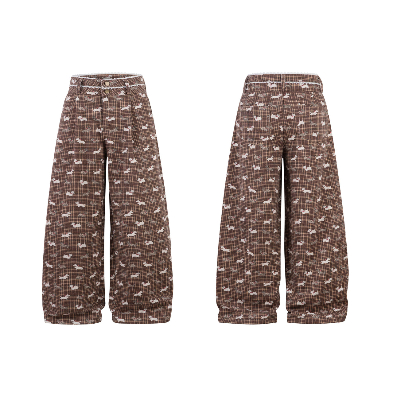 Omirad Retro Dog Print Plaid Pants