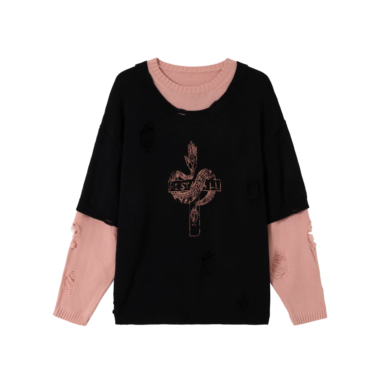 Omirad Serpent Embroidered Distressed Knit Sweater