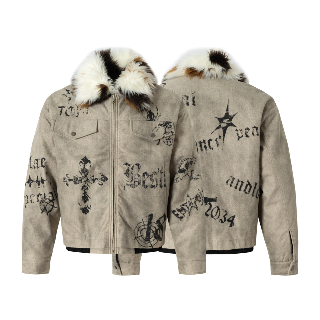 Omirad Gothic Print Faux-Fur Collar Jacket