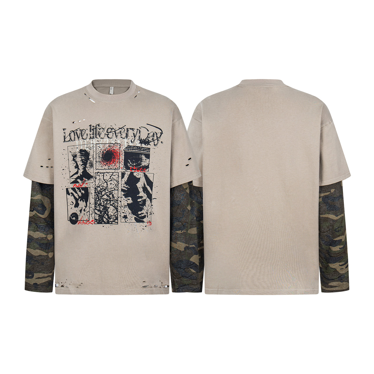 Omirad Layered Camo-Sleeve Distressed Graphic Tee