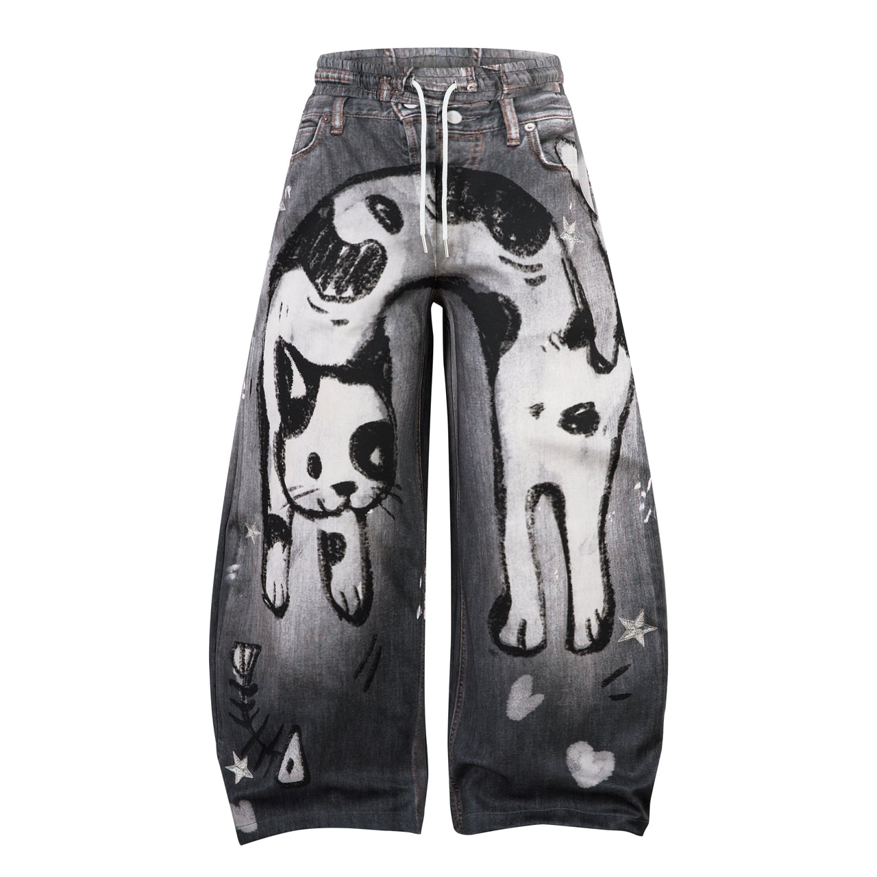 Omirad Cat Print Barrel Denim Pants