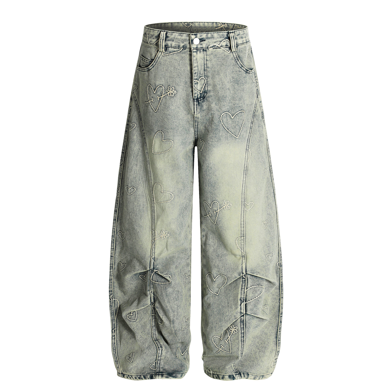 Streetwear Heart Embroidery Curved Blade Jeans