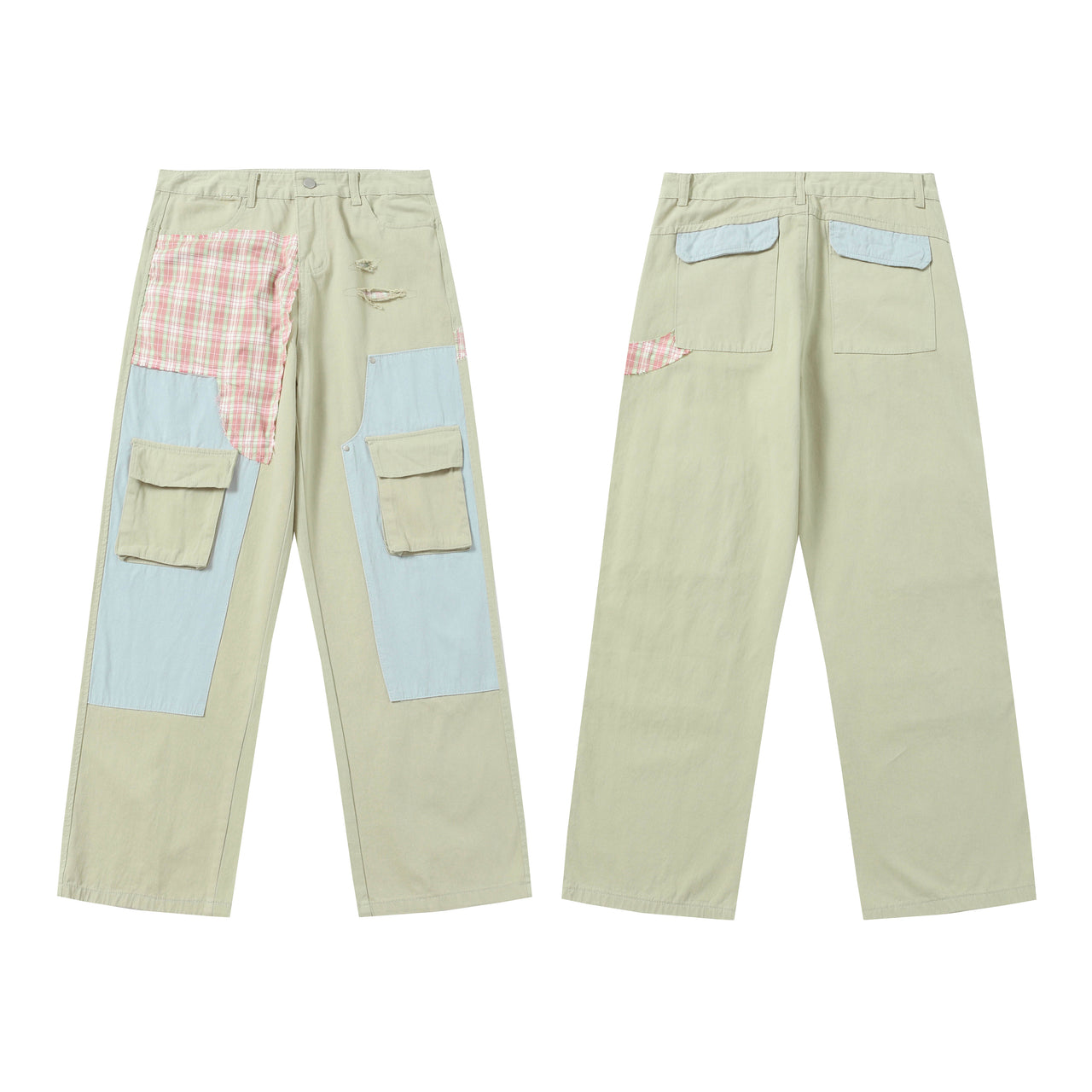 Washed Plaid Patchwork Denim Jeans