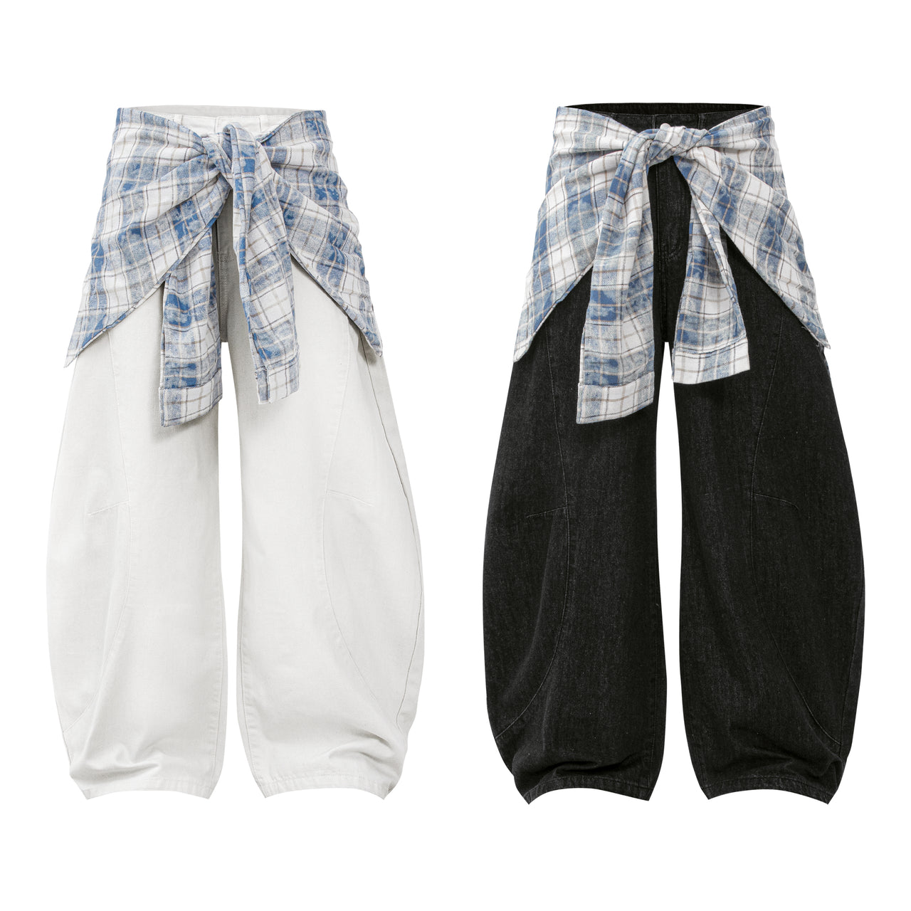 American Streetwear Plaid Flare Curved Jeans